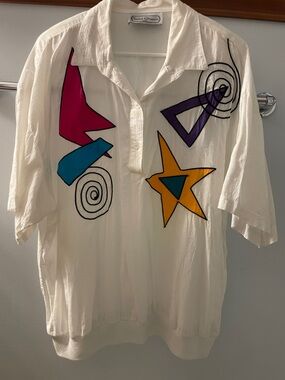 80’s-90’s Saint Germain Paris White Graphic Pop-Color Collared Top